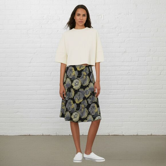 Talbots Linen Silk Dandelion Floral Skirt Black Yellow A-Line 4 - Picture 1 of 13